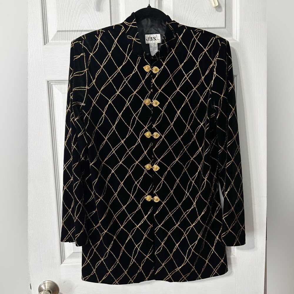 JBS Blazer Jacket 14 Black Velvet Gold Accents Evening Wear NYE Holiday Party